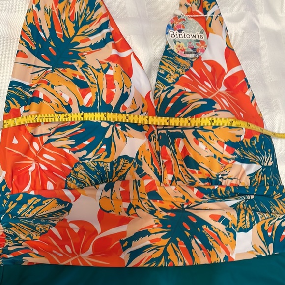 NWT Binlowis Sz L 1 Piece Halter Bathing Suit Teal / Orange / White Design - Picture 8 of 13
